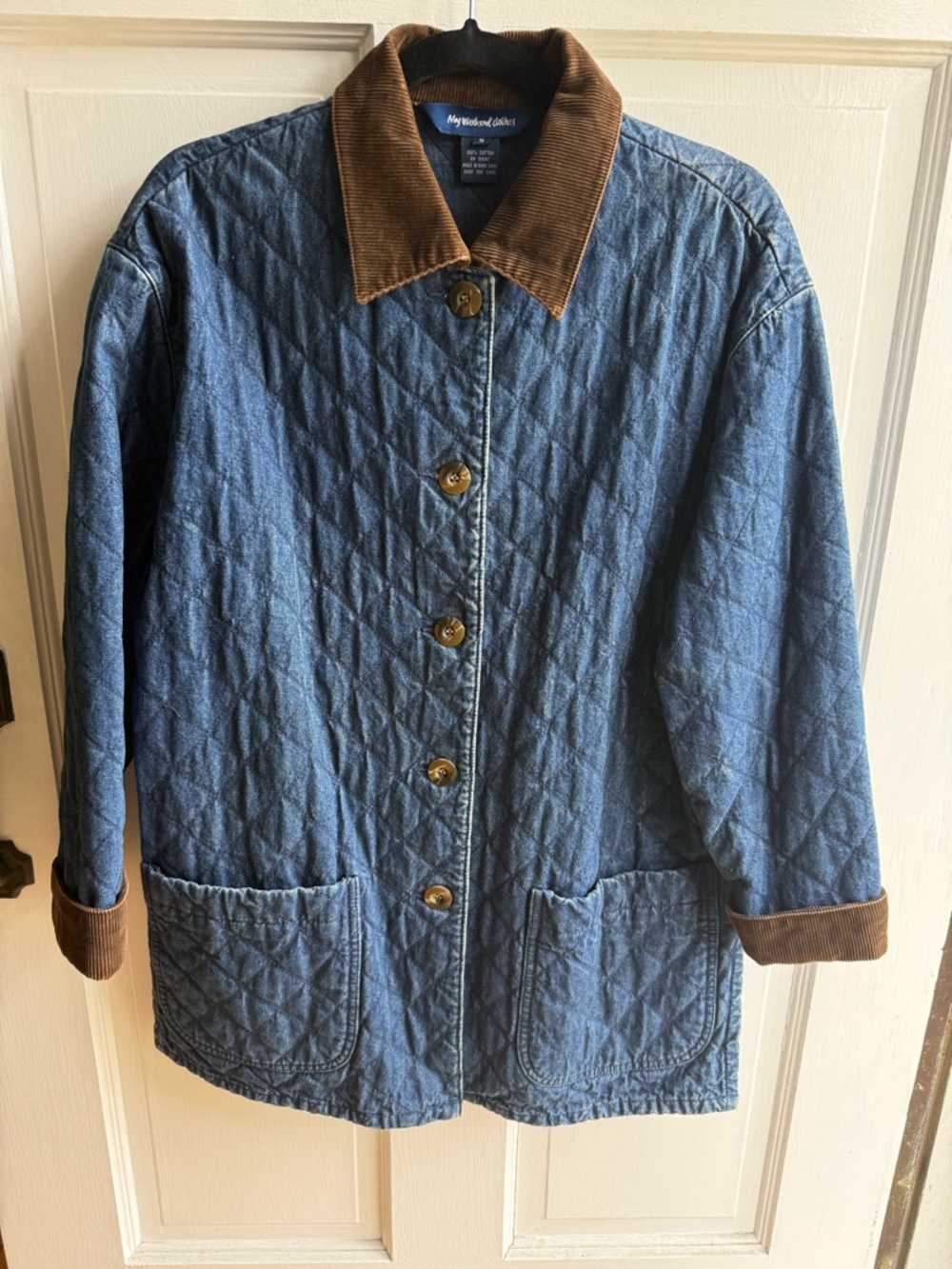 Vintage Quilted Denim Jacket with Corduroy Collar - Blue